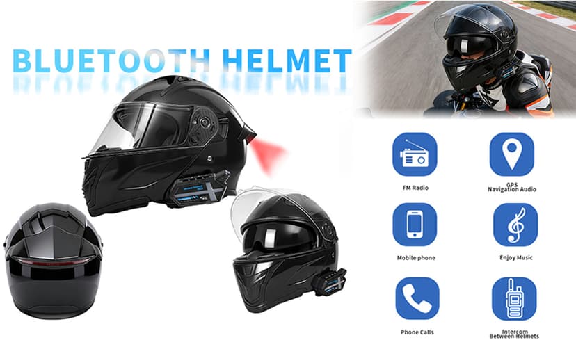 Bluetooth Modular Motorcycle Helmets with Tail Lights, DOT Certified Flip-Up Dual Visor Full Face Helmets for Men & Women Moto ATV UTV Snowmobile ADV Four Wheeler Street Bike
