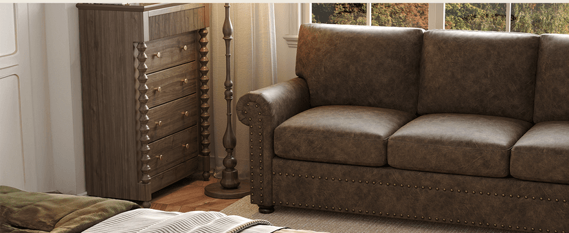 ONBRILL Faux Leather Sofa, 84 Inches Nailhead Trim Couch for Living Room, Mid-Century Modern Deep Seat Sofa with Rolled Arms, Classic 3 Seater Couch for Apartment, Office, Brown