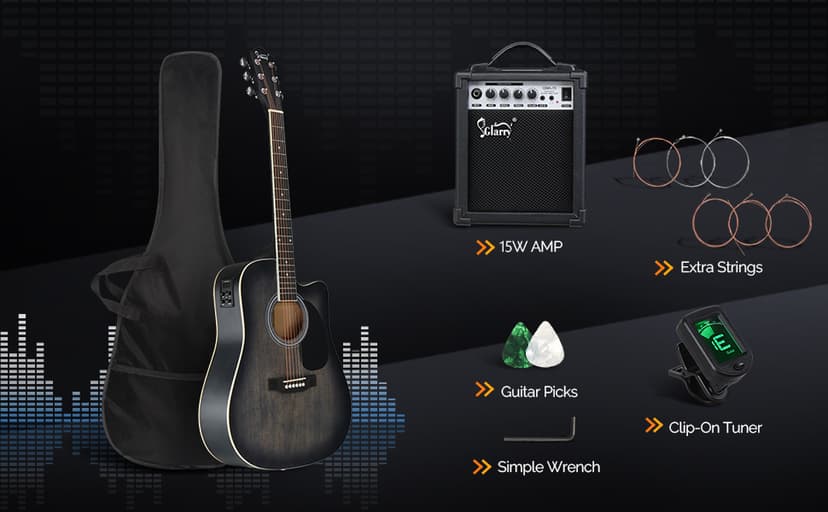 GLARRY Full Size 6 Strings Acoustic Electric Guitar Beginner Kit w/ 15W Amp, Cutaway 41 Inch Electric Acoustic Guitar w/Inbuilt Tuner, Bag, Strap, Picks, Strings, Basswood Guitarra, Distressed Black