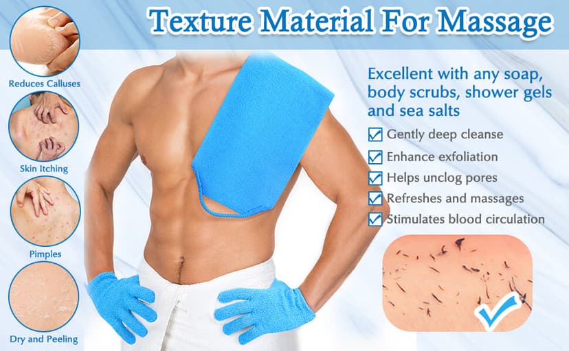 Anezus Exfoliating Back Scrubber Bath Gloves Set, Exfoliating Shower Towel with Shower Gloves for Body Scrub, Back Cleaner Wash Gloves to Remove Dead Skin (Beige)