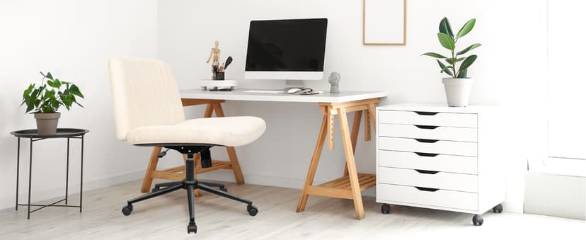 Orange Factory Criss Cross Chair Wheels Wide Cross Legged Office Desk Vanity Dual Base Comfy Fabric Armless Adjustable Swivel for Home Computer Task (Beige Dual Base, Fabric)