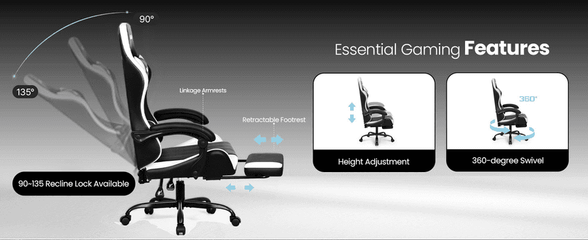 N-GEN GAMING Video Gaming Chair with Footrest Lumbar Support for Home Office High Back Recliner Height Adjustable Ergonomic Comfy Leather Computer Desk Chair (White)
