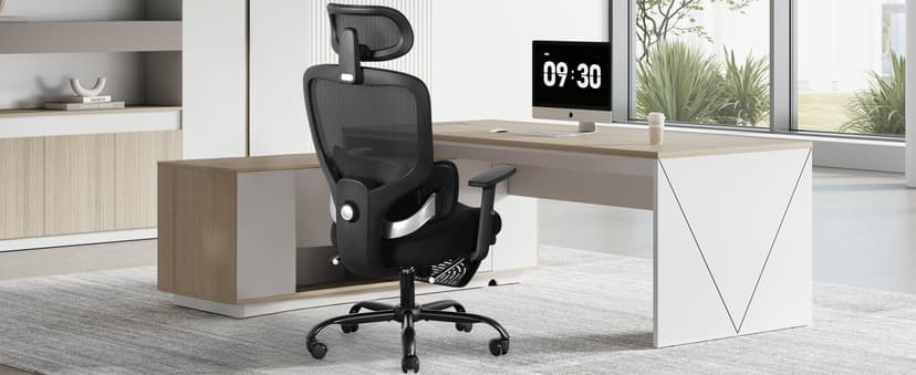 Ergonomic Office Chair with Footrest, Mesh Desk Chair with Adjustable Headrest & Armrests & Dynamic Floating Wing Lumbar Support, High Back Computer Chair for Home Office, BIFMA Certified, Black