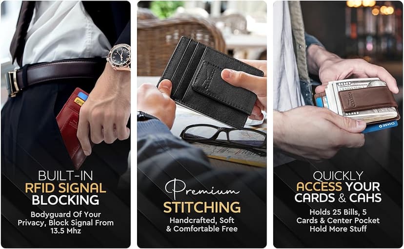 Claasico Money Clip Leather Wallet For Men Slim Front Pocket RFID Blocking with Super Strong Magnetic