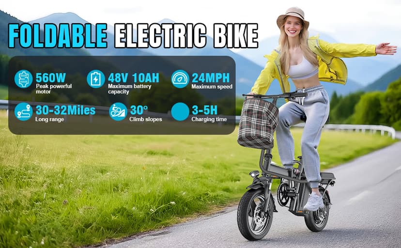 Electric Bike for Adults and Teens, 560W Motor 24MPH Compact Commuter Ebike, 32 Miles Range, 48V 10Ah Battery, 3 Shock Absorbers, 14" Mini Foldable Electric Bicycles with Basket, UL 2849 Certified
