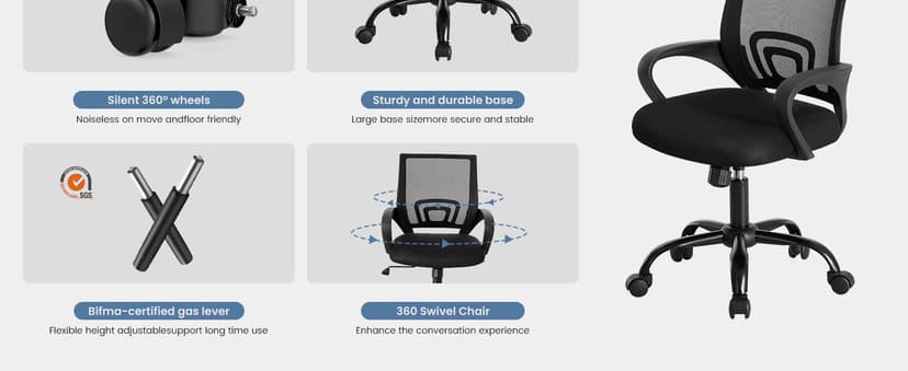 DUMOS Home Office Chair - Ergonomic Mid Back Mesh Desk Chair with Lumbar Support & Rocking Mode, Height Adjustable with Fixed Armrest, for Computer, Gaming, Meeting, 360° Swivel, Black