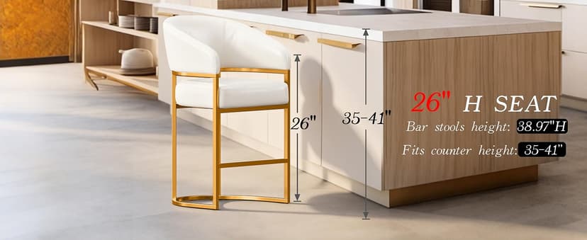 Modern Counter Height Bar Stools,Bar Stools Set of 3,PU Leather Upholstered Barrel Barstools with Backs,26" Kitchen Island Chairs,Metal Gold Frames,Beige White Leather