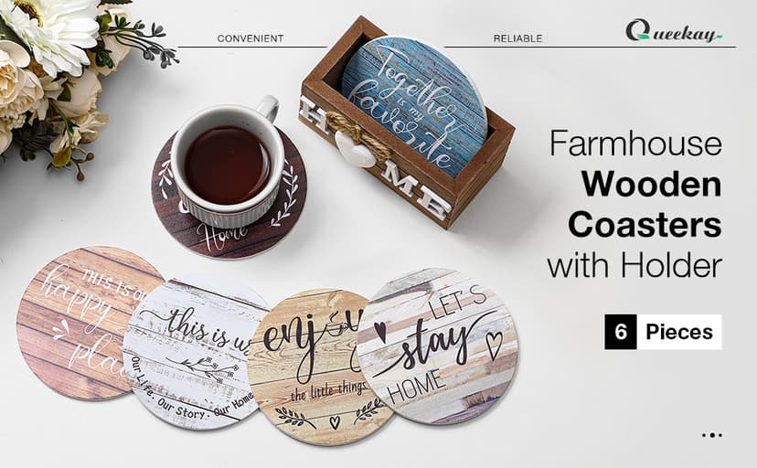 Wooden Coasters for Drink with Holder, 4'', Funny Home Decoration for Family Coffee Bar Table Protection, New Home Gift Ideas Queekay House Warming Gifts New Home Farmhouse Coasters Set of 6, Mixed B0BRSGRGBG