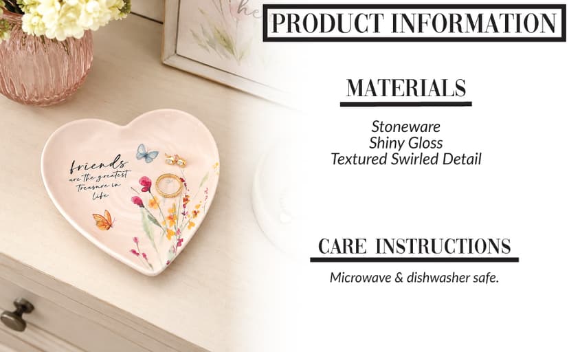 Pavilion Gift Company - Friend - Ceramic Heart-Shaped Keepsake Dish, Watercolor Floral Design, Valentines Day Gift For Girlfriend, Unique Gifts for Friend, Trinket Dish, Ring Holder, Jewelry Dish