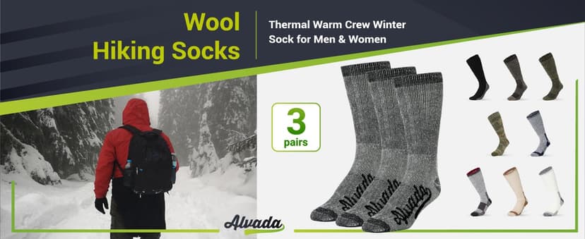 Alvada Merino Wool Hiking Socks Thermal Warm Crew Winter Boot Sock For Men & Women 3 Pairs