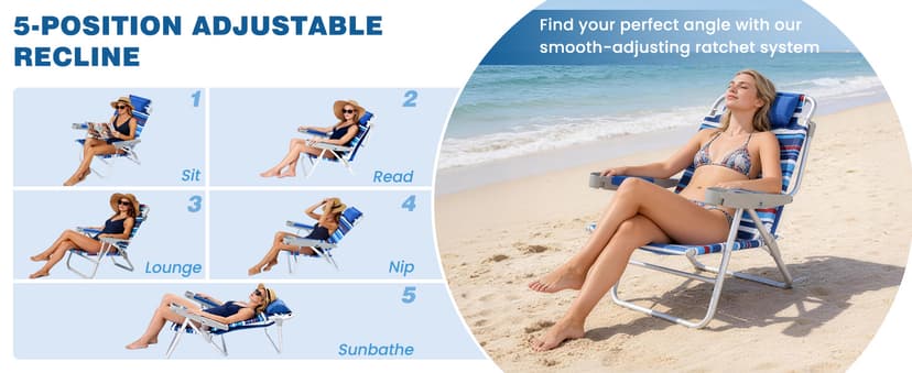 SUNNYFEEL Extra Wide Low Beach Chair 5 Position Lay Flat 500 LBS Heavy Duty, XL Oversized Portable Folding Camping Chairs with Cup Holder for Outdoor/Trip, Lightweight Backpack Beach Chair for Adults
