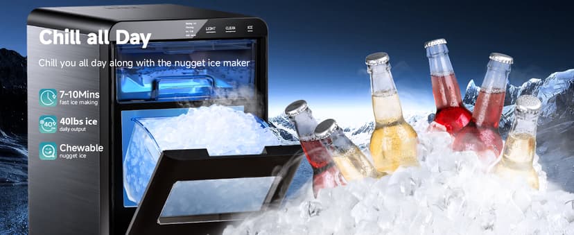 EUHOMY Nugget Ice Maker Countertop, 40Lbs/24H Pebble Ice Maker Machine, Self-Cleaning Countertop Sonic Ice Makers with Ice Scoop&Basket, Pellet Ice Maker Machine for Home/Kitchen/Office