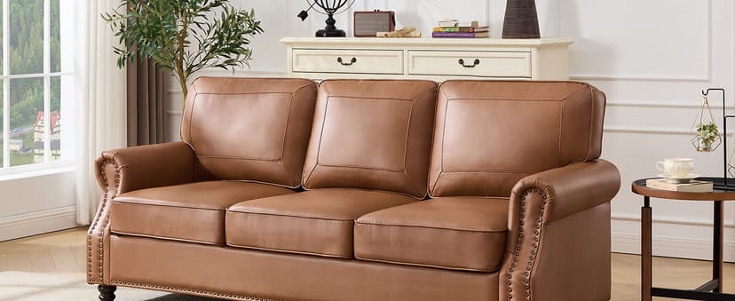 Kingfun Mid-Century Modern Couch, Faux Leather Sofa, 3 Seater Couch for Living Room with Rolled arms & Nailhead Trim, Brown