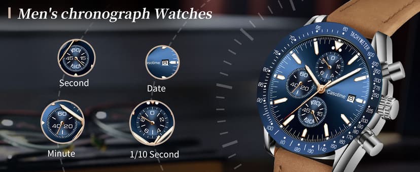 Casotime Men's Leather Band Chronograph Watch - 30M Waterproof Big Face Analog Quartz Date - Work Sport Casual Classical Fashion Designer Dress Wrist Watch - Elegant Gift for Men