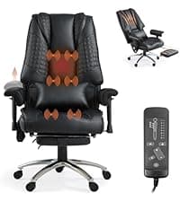 Massage Office Chair with Foot Rest, Ergonomic Executive Heated Office Chair with Reclining Backrest, Adjustable Arms and Lumbar Support, High Back Leather Desk Chairs for Home Office, Black