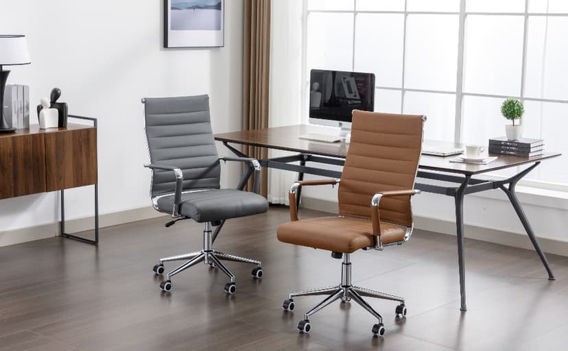 Office Desk Chair Leather, Conference Room Chairs with Wheels, Executive Modern High Back Ergonomic Swivel Rolling Ribbed Computer Chair(Brown)