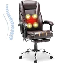 HOMREST 6-Point Massage Office Chair with Heat, Ergonomic Reclining Desk Chair with Footrest, PU Leather Executive Chairs for Home Office, Massaging Computer Chair Gift for Men, Brown