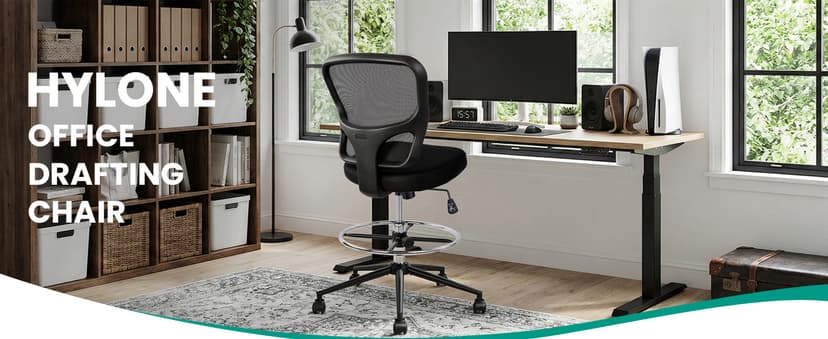 Armless Drafting Chair Tall Office Chair Adjustable Height High Back Ergonomic Desk Chair Drafting Stool Rolling Bar Stools Chairs with Footrest and Wheels
