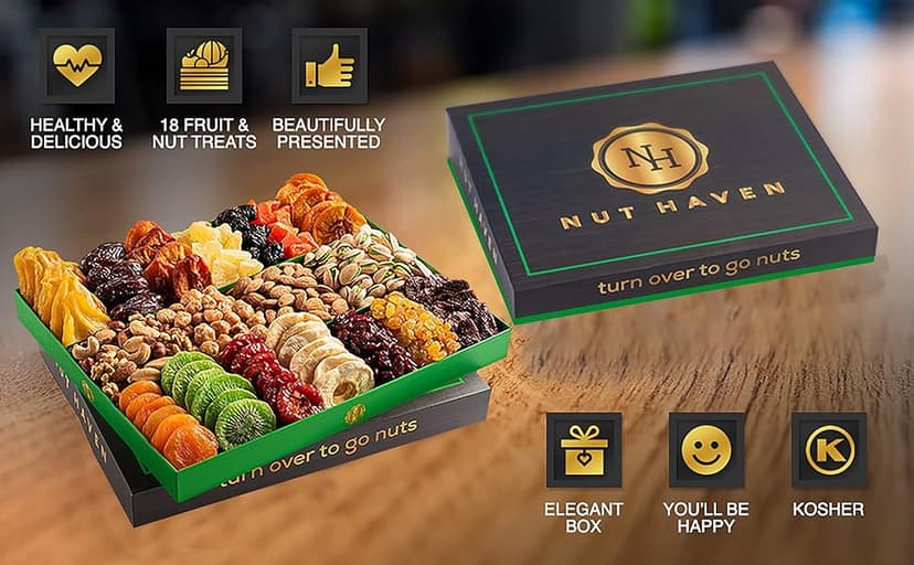 Holiday Christmas Dried Fruit & Nuts Gift Basket - Extra Large Selection of 18 Food Tray - Assorted Food Gift Box for Christmas, Holiday, Family, Sympathy, Men & Women.