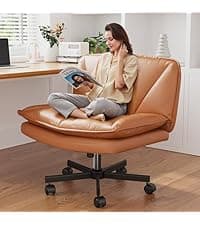 DurayLoly Criss Cross Chair with Wheels, Cross Legged Office Chair, Armless Wide Vanity Desk Chair with 2 Layer Scratch-Resistant Pu Leather Swivel for Home Office Bedroom,Beige
