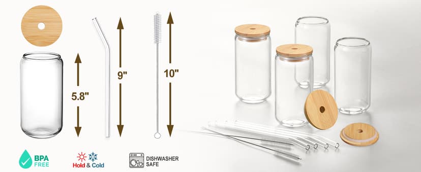 Drinking Glasses with Bamboo Lids and Glass Straw 4pcs Set - 16oz Glass Cups, Iced Coffee Glasses, Cute iced Tea Glasses, Beer Glasses, Ideal for Coffee Bar Accessories, Aesthetic Gift - 2 Brushes