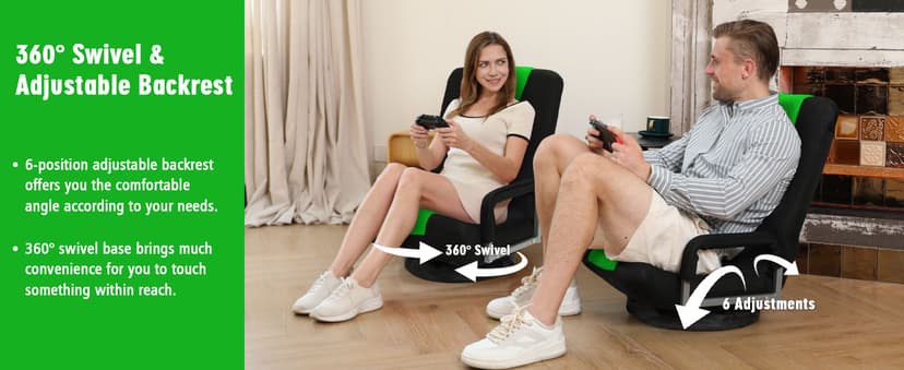 Swivel Floor Gaming Chair w/Armrests,Folding Video Reclining Sofa w/6 Adjustable Position, Padded Backrest & Cushion, Lazy Lounger Couch for E-Sports, Reading, Relaxing, Watching TV, Green