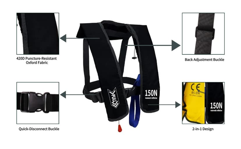 Automatic Inflatable Life Jacket | Low Profile PFD for Adults | Compact Design Self Inflating Life Vest | Supports up to 330 lbs