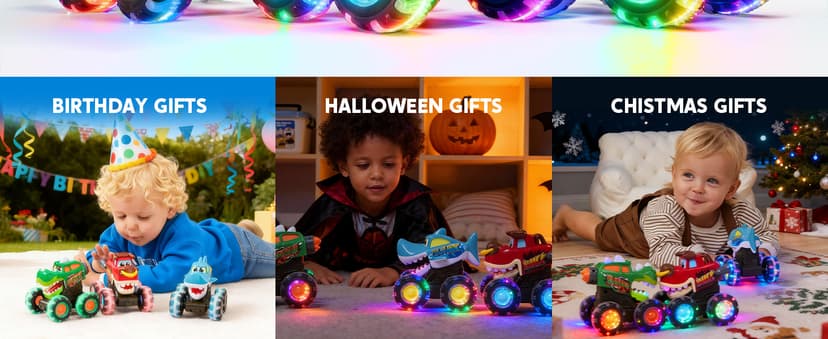 JOYIN 3 Pack Monster Truck Toy - Motion Activated Light Up Cars for Toddlers - Monster Glow Rover LED Wheels - Baby Boy Toys - Press and Go Dinosaur Trucks for Kids Boys Birthday Gifts for Christmas