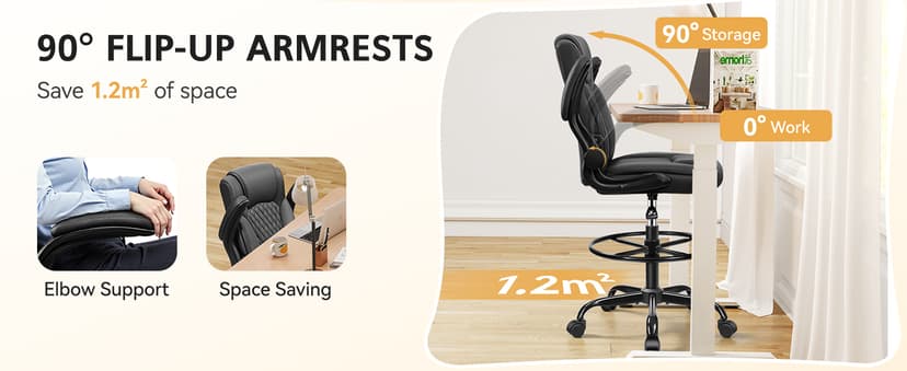 Drafting Chair,Tall Office Chair for Standing Desk,High Executive Leather Ergonomic Computer Chair with Adjustable Height and Flip-Up Armrest for Counter Height Desk,Black