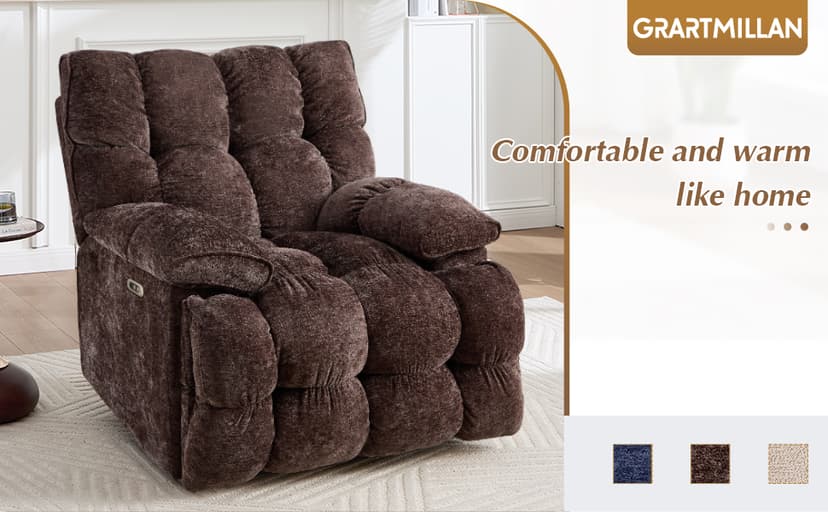 Oversized Power Swivel Rocker Recliner Chair for Big and Tall, Electric Chenille Glider with USB Ports, Extra Wide Overstuffed Reclining Sofa for Living Room Nursery, 375lbs (Brown, Power)