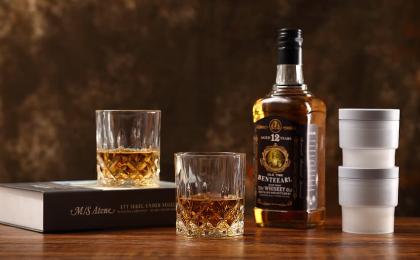 Whiskey Rocks Glass, Set of 4 (2 Crystal Bourbon Glasses, 2 Round Big Ice Ball Molds) In Gift Box - 10 Oz Old Fashioned Glasses for Scotch Cocktail Rum Cognac Vodka Liquor, Unique Gifts for Men