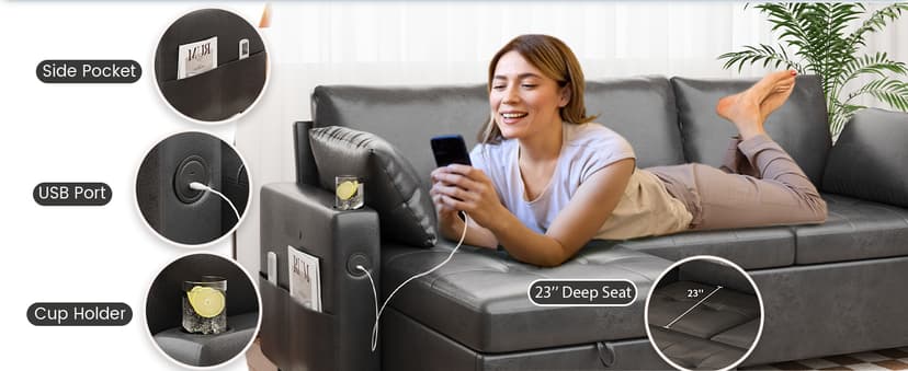 JFHID Leather Sleeper Sofa Couch with Pullout Bed, 80'' Sofa Bed with Storage Chaise, Pull Out Couch with USB&Cup Holders, L-Shaped Convertible Couches for Living Room-Faux Leather, Black