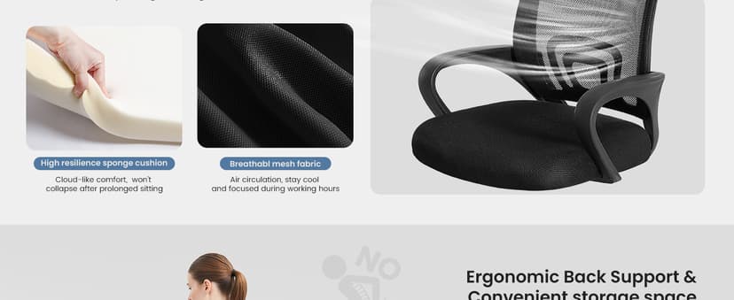 DUMOS Home Office Chair - Ergonomic Mid Back Mesh Desk Chair with Lumbar Support & Rocking Mode, Height Adjustable with Fixed Armrest, for Computer, Gaming, Meeting, 360° Swivel, Black