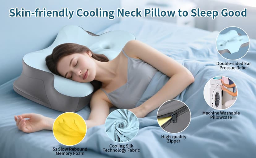 Cerrvical Neck Pillow- Ergonomic Memory Foam Pillows for Sleeping, Dual Ear Relief Zone Contour Pillow, Neck Support Pillows for Side Back &Stomach Sleeper (Blue)