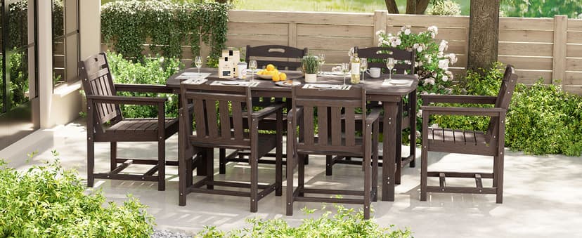 HDPE Outdoor Patio Dining Set with Table & 6 Chairs, All-Weather 7-Piece Outdoor Table and Chairs, 2" Umbrella Hole, Patio Furniture for Garden, Backyard, Deck | Grey