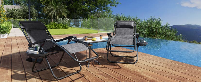 Yaheetech Zero Gravity Recliners Outdoor Adjustable Folding Reclining Lounge Chairs w/Pillows, Cup Holder Trays and Carry Strap for Patio Backyard Beach Gray Set of 2