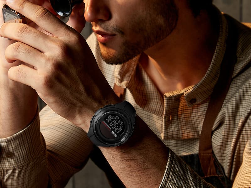 MASTOP Solar Powered Energy Watch for Men Military Digital Multifunctional Led Luminous Indication 2 Time Zone 50m Waterproof Watch Reloj Solar para Hombre