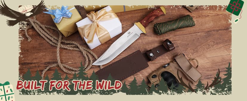 Mossy Oak 14-inch Bowie Knife, Full-tang Fixed Blade, Wood Handle Hunting Knife with Leather Sheath for Camping, Hiking, Survival