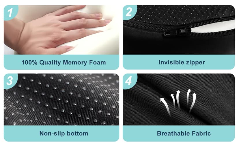 Seat Cushion for Office Chair and Car, Lumbar Support Pillow for Office Chair, Memory Foam Ergonomic Seat Cushion for Long Sitting, Back & Tailbone Pain, Sciatica - Black