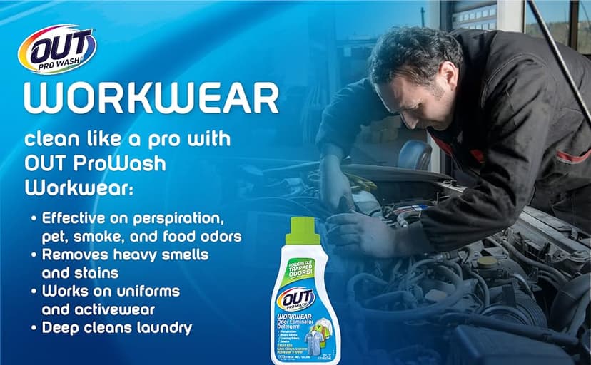 OUT ProWash Workwear Stain Remover Laundry Detergent and Odor Eliminator, Great for Work Clothes, Uniforms, Active Wear, and More, Made in the USA, 22 Ounce Bottle