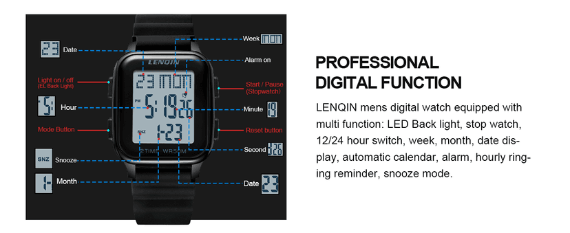 LN LENQIN Mens Digital Watch Ultra Thin Minimalist Sports Waterproof Digital Watches Men Outdoor Wrist Watch for Men with LED Backlight Timer Alarm Date