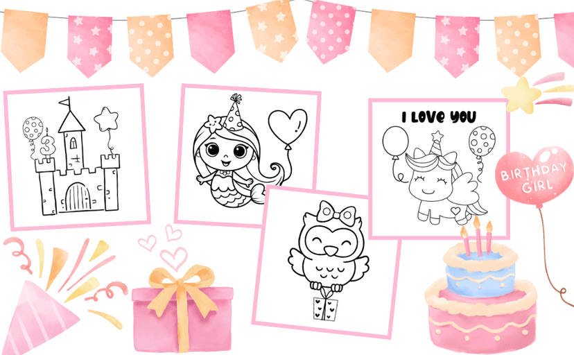 I am Three Birthday Coloring Book for Girls: Gift for 3 Year Old Kids | Big and Easy Designs to Color | Cake Animals Balloons B0D8B3G5GB
