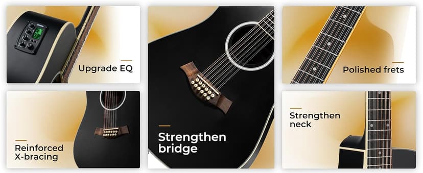 Vangoa 12 String Guitar Acoustic Electric, Upgraded Guitar 12 Strings Bundle for Beginner Intermediate Adults Teens, Guitarra de 12 Cuerdas, Spruce Top Bone Nut, Black, Matte