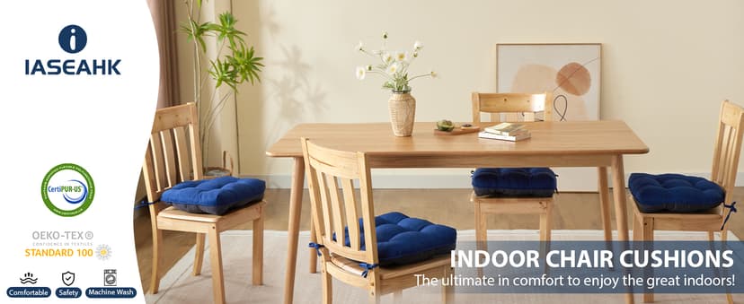 IASEAHK Chair Cushions for Dining Chairs, Seat Cushions for Kitchen Chairs, Indoor Seat Cushions with Ties, Tufted Foam Chair Pads, Non Slip Chair Cushions Set of 4, 15.5" x 15.5" x 4", Navy Blue