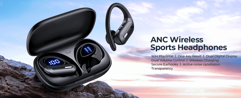 Active Noise Cancelling Wireless Earbuds Bluetooth Headphones 90 Hrs Playtime Ear Buds with Power Display Over-Ear Earphones with Earhooks IPX7 Waterproof Stereo Transparency Headset for Sports/Gym