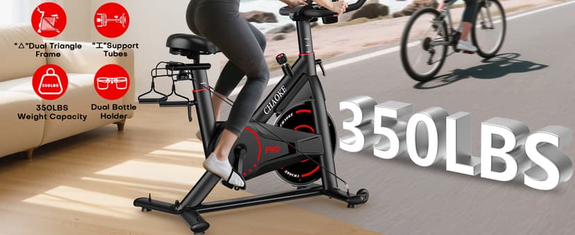 CHAOKE Exercise Bike, Quiet Adjustable Magnetic Stationary Bike for Home Cardio with App Compatible, 350LB Weight Capacity Indoor Cycling Bike with Large Seat, Dumbbell Rack, Pull Cords & LCD Display