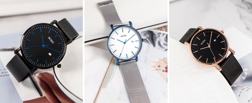 BUREI Men Watches Brown Leather Fashion Minimalist Wrist Watch Simple Ultra Thin Waterproof Quartz Watches All Black Stainless Steel Mesh Band,Gift for Men Women