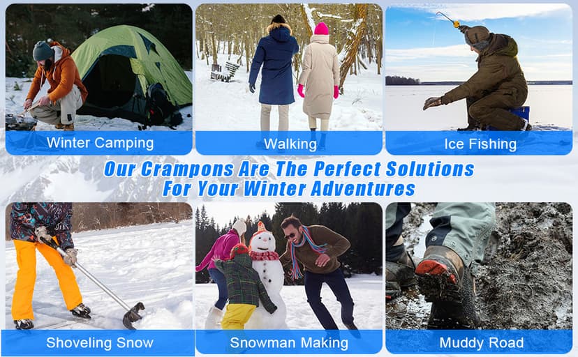 JSHANMEI Ice Cleats, Crampons Snow Traction Ice Cleats for Shoes and Boots Women Men, Non Slip Grippers Spikes for Shoes with Straps, Slip-on Rubber Overshoe Stretch Footwear for Winter Walking Hiking Fishing