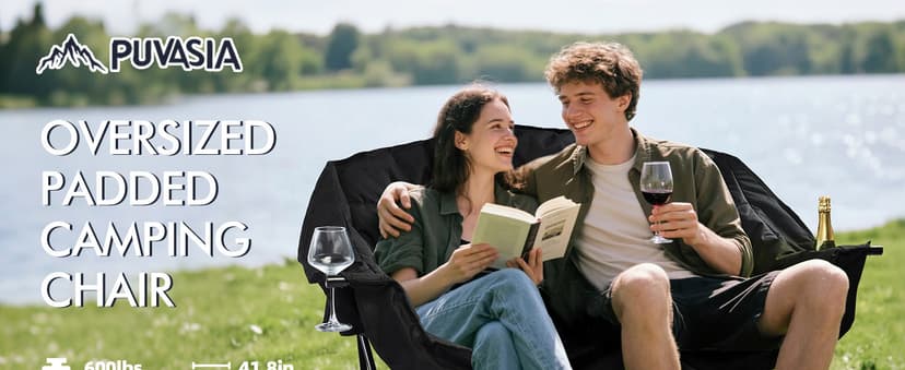 Double Camping Chair Loveseat - 2 Person Oversized Camping Couch for Adults Padded Heavy Duty Outdoor Lawn Beach Portable Folding Chairs with Cup Holders and Carry Bag Support 600lbs, Black/Grey