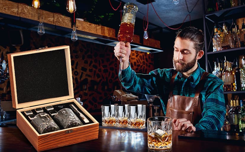 Whiskey Set Gifts for Men, DIOXADOP 6 Stainless Steel Whisky Stones 2 Crystal Whisky Glasses 1 Blessing Card in a Exquisite Wooden Box, Prepare a Gift for Whiskey Scotch Bourbon Lover